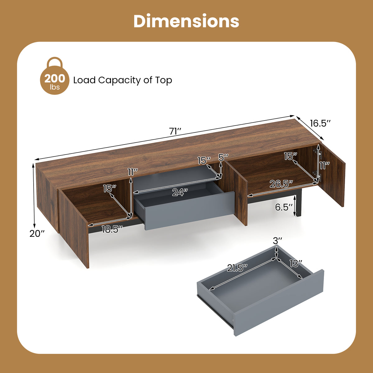Mid-Century TV Cabinet for 55–82" TVs with Storage Drawer - Walnut