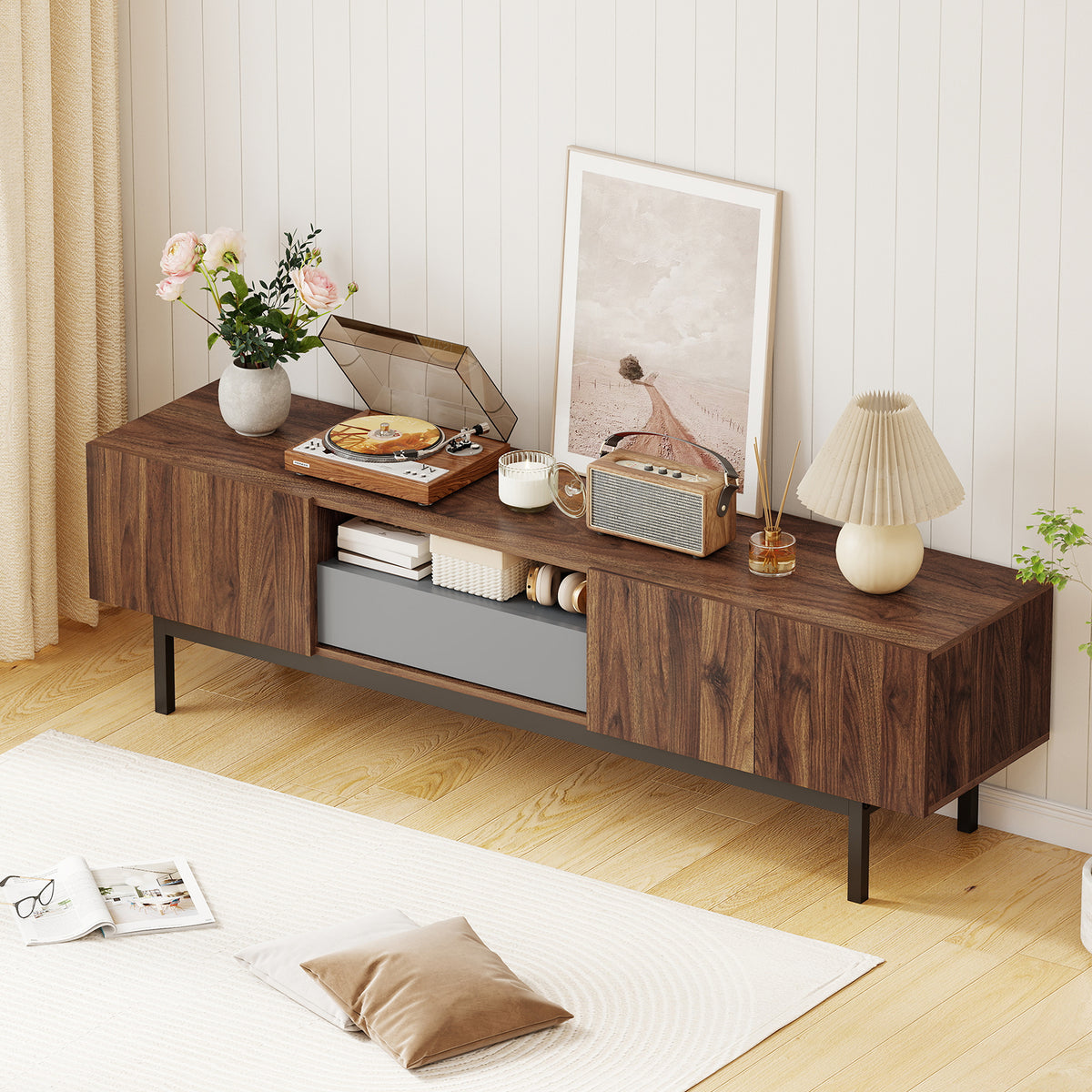 Mid-Century TV Cabinet for 55–82" TVs with Storage Drawer - Walnut
