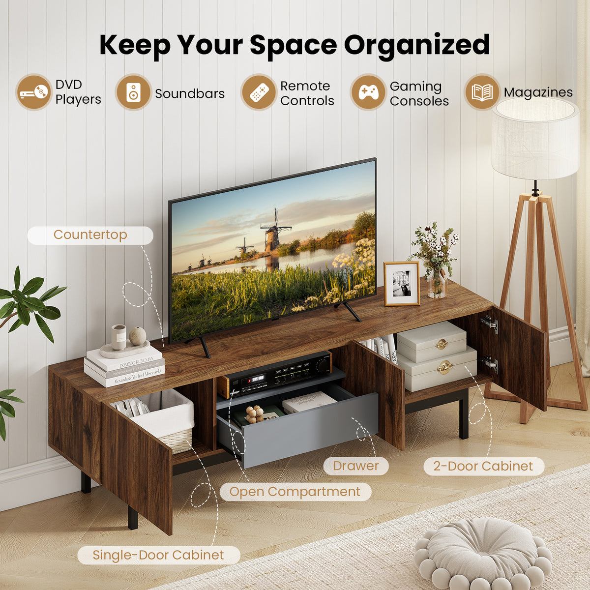 Mid-Century TV Cabinet for 55–82" TVs with Storage Drawer - Walnut