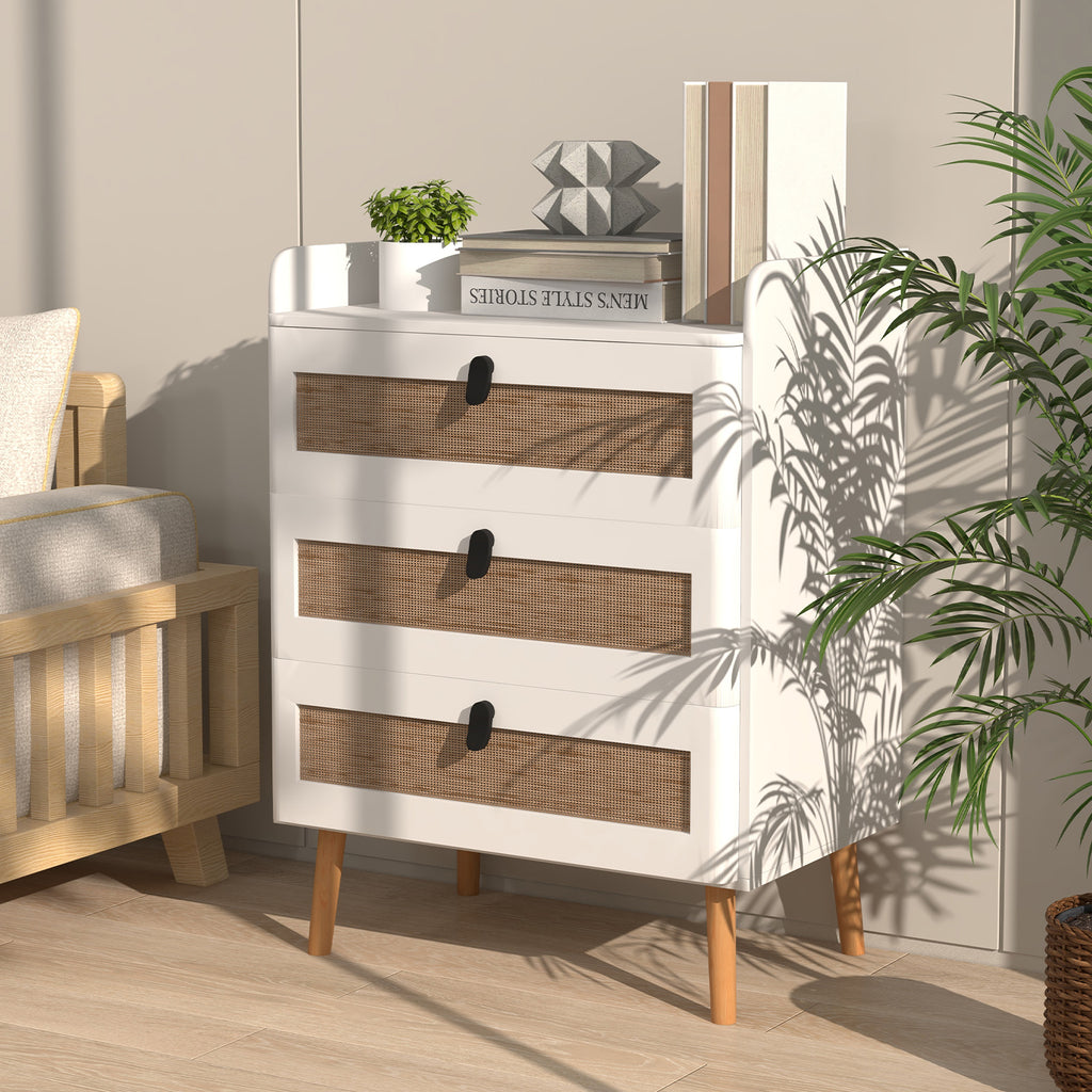End Table with 3 Rattan Drawers - White