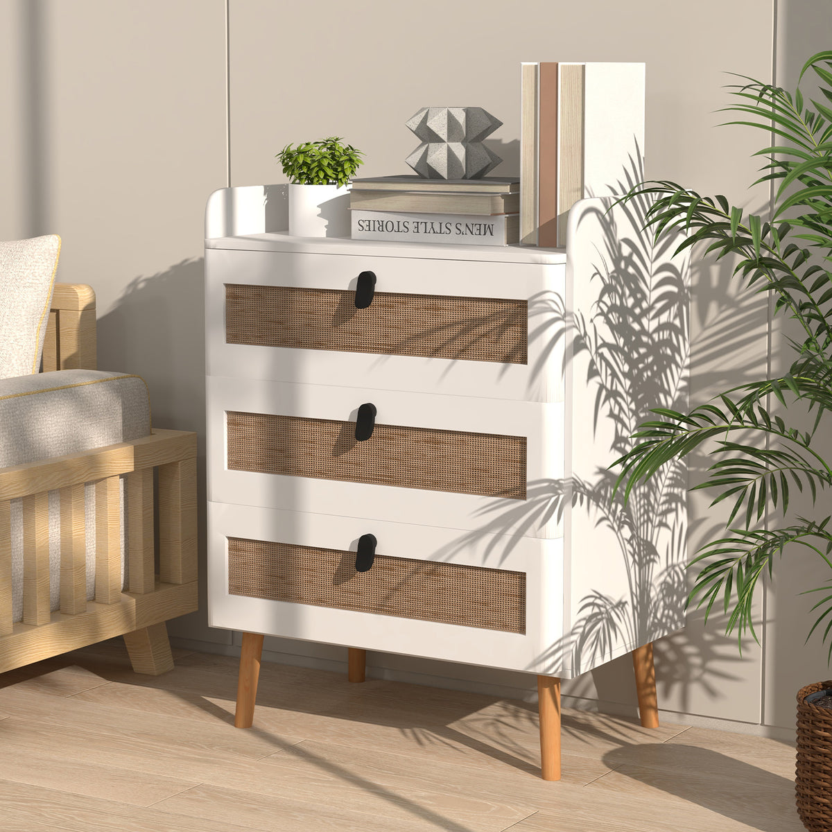 End Table with 3 Rattan Drawers - White