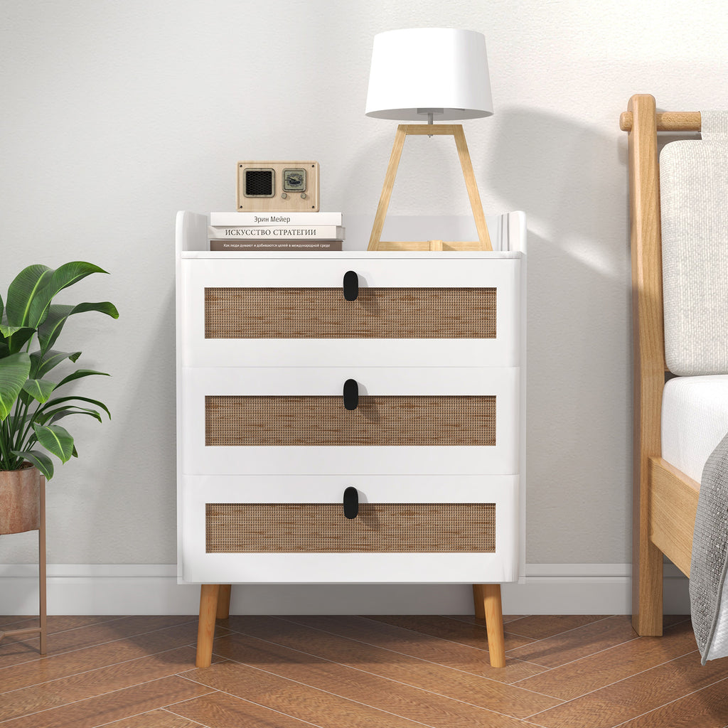 End Table with 3 Rattan Drawers - White