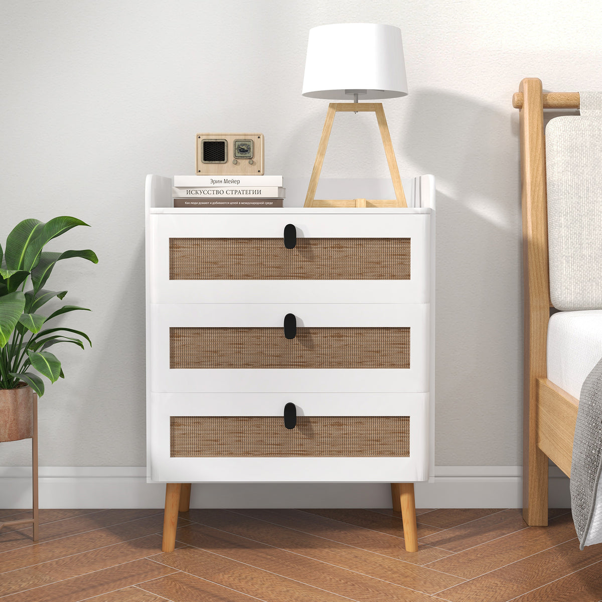 End Table with 3 Rattan Drawers - White