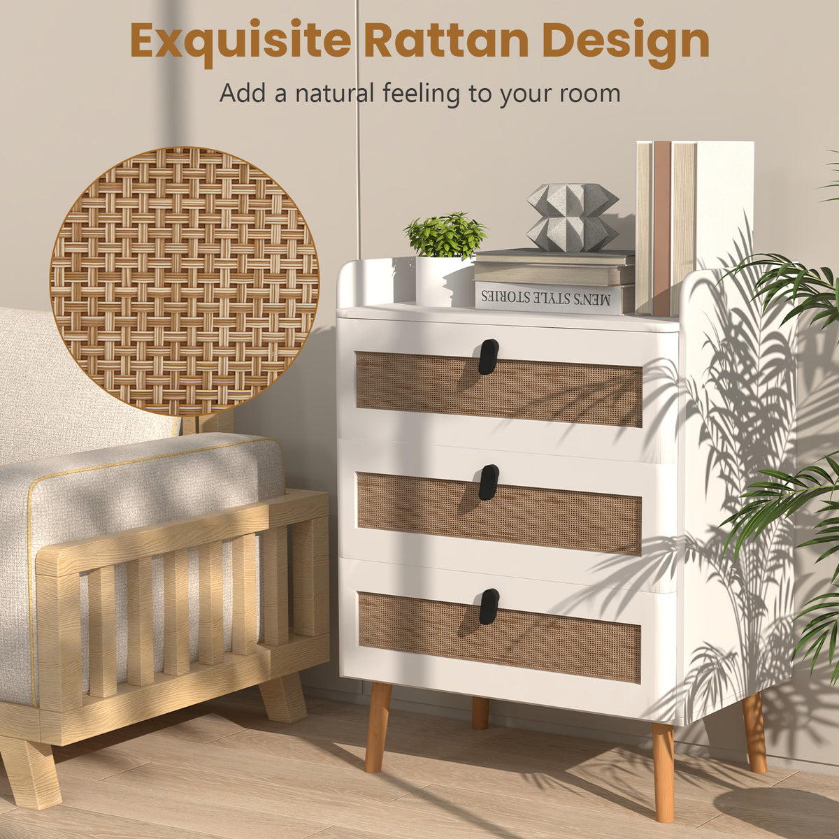 End Table with 3 Rattan Drawers - White