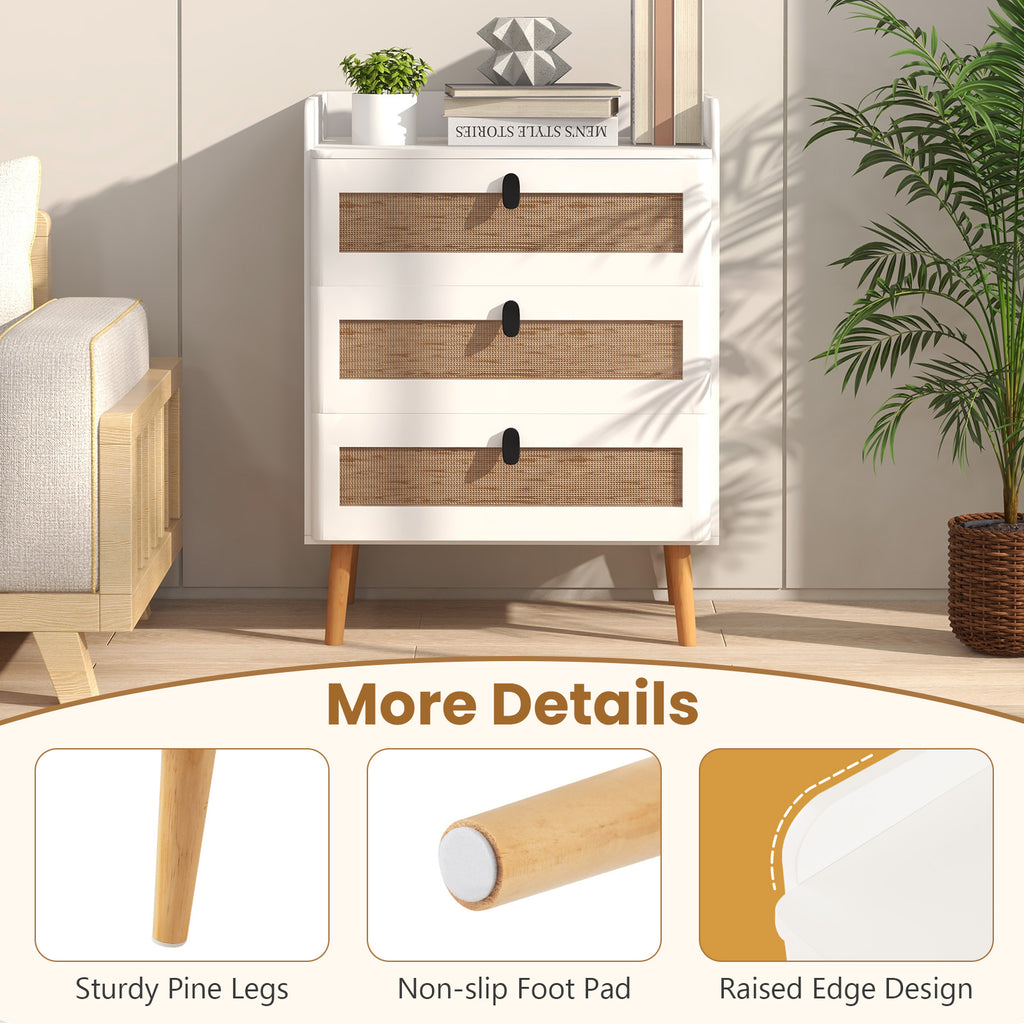 End Table with 3 Rattan Drawers - White