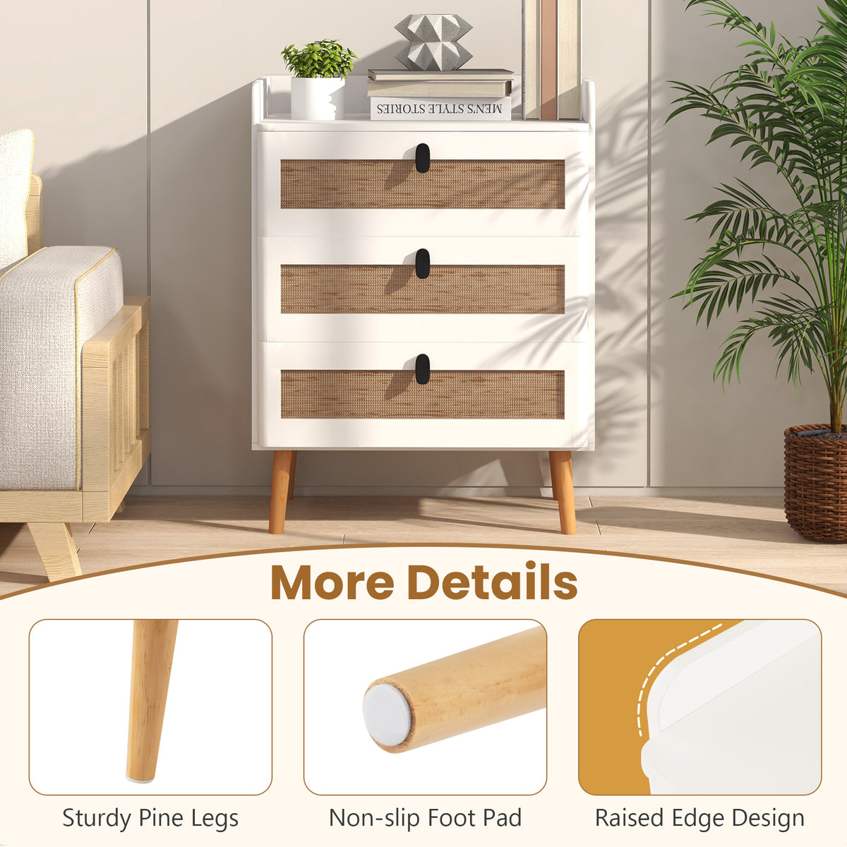 End Table with 3 Rattan Drawers - White