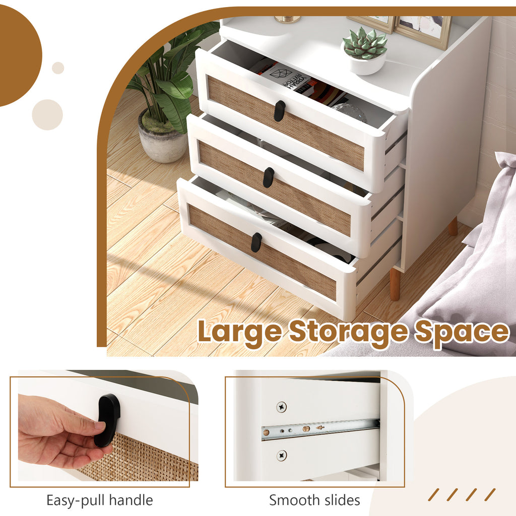 End Table with 3 Rattan Drawers - White