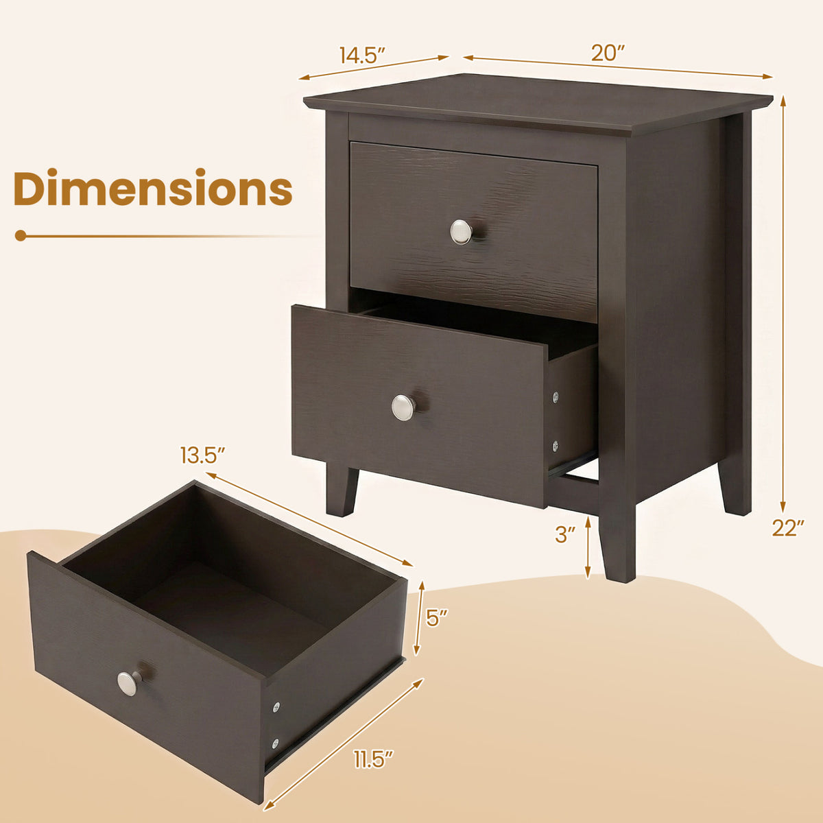 2-Drawer Nightstand for Small Spaces, Brown