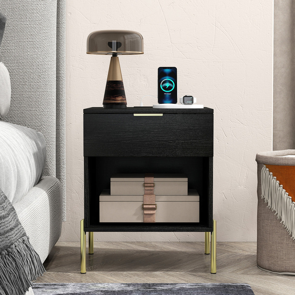Modern Nightstand with Charging Station - Black