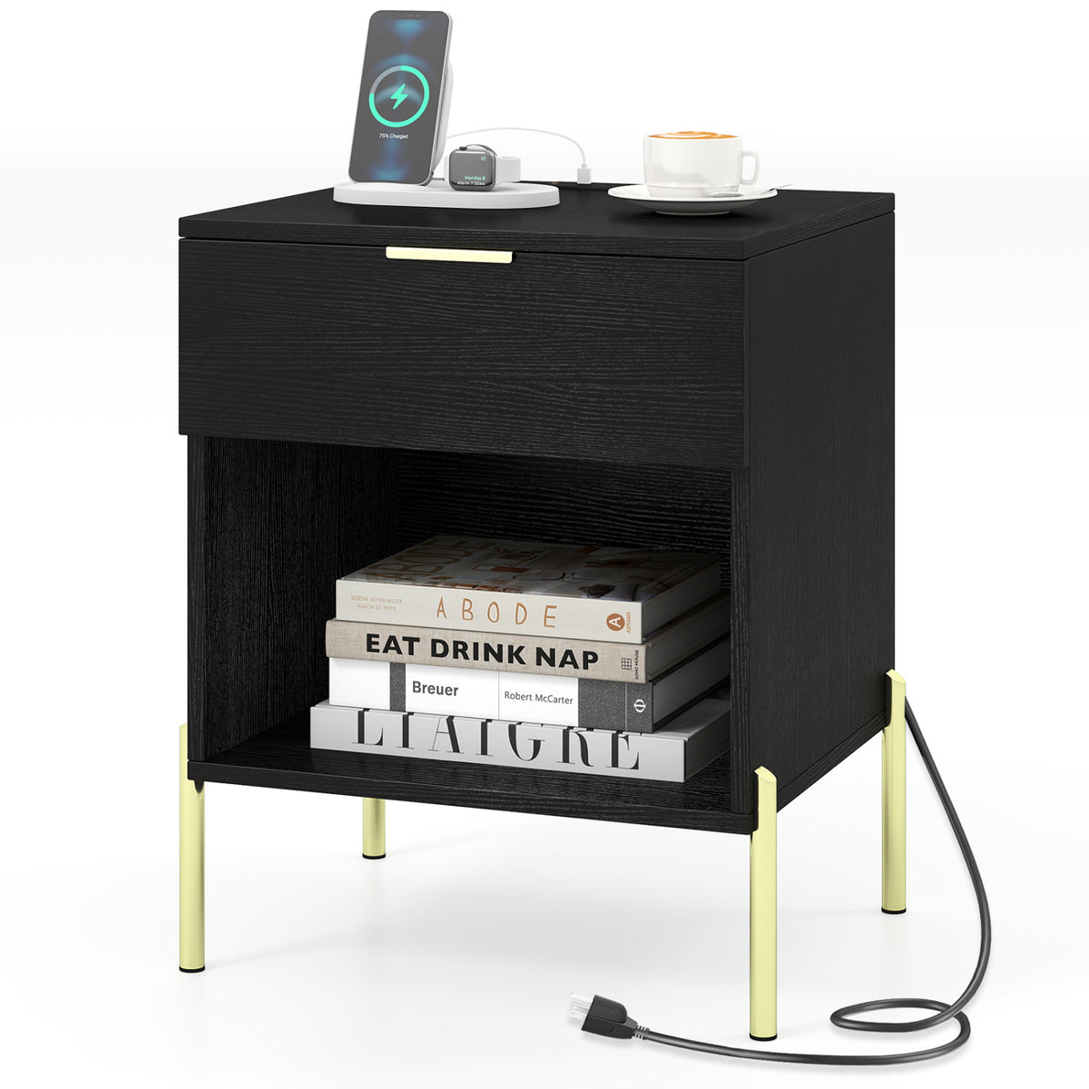 Modern Nightstand with Charging Station - Black