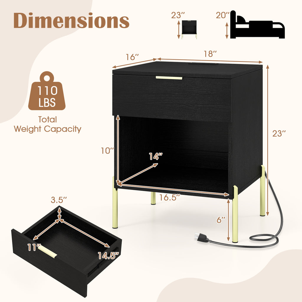 Modern Nightstand with Charging Station - Black