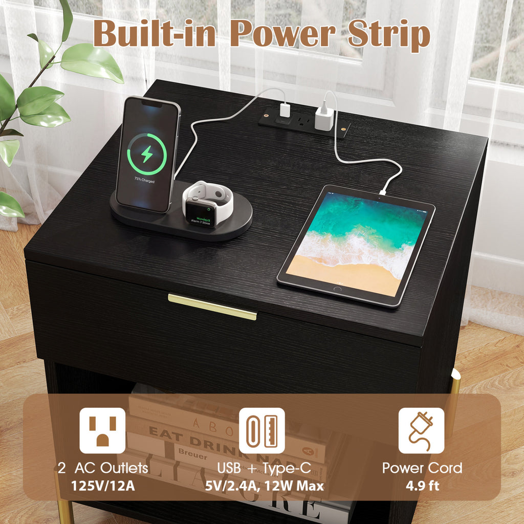 Modern Nightstand with Charging Station - Black
