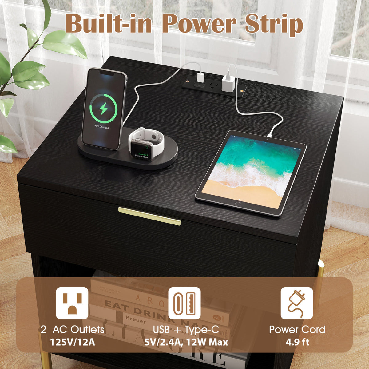 Modern Nightstand with Charging Station - Black