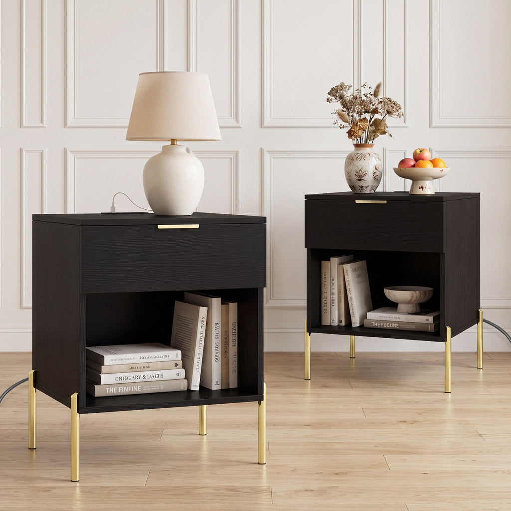 Modern Nightstand with Charging Station - Black