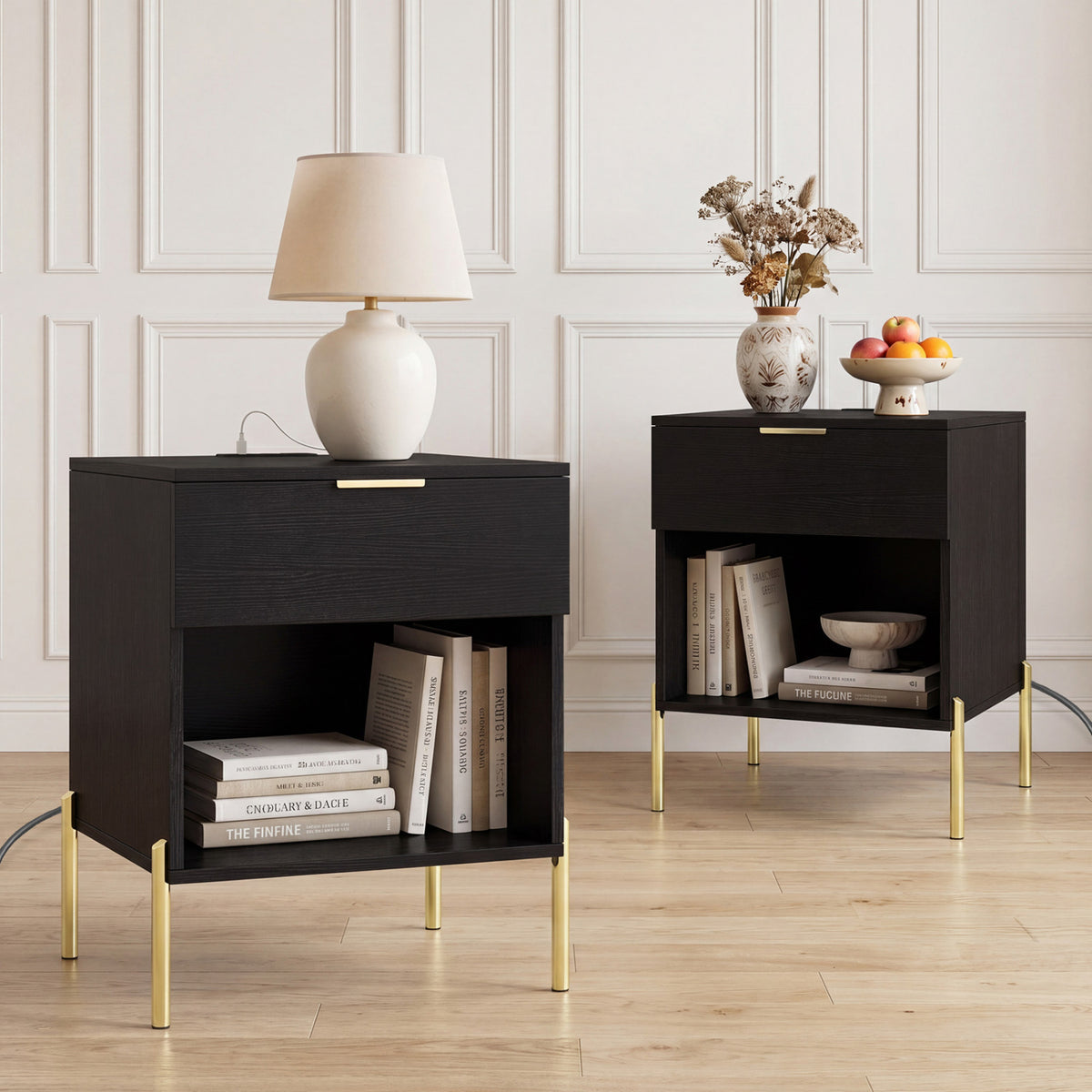 Modern Nightstand with Charging Station - Black
