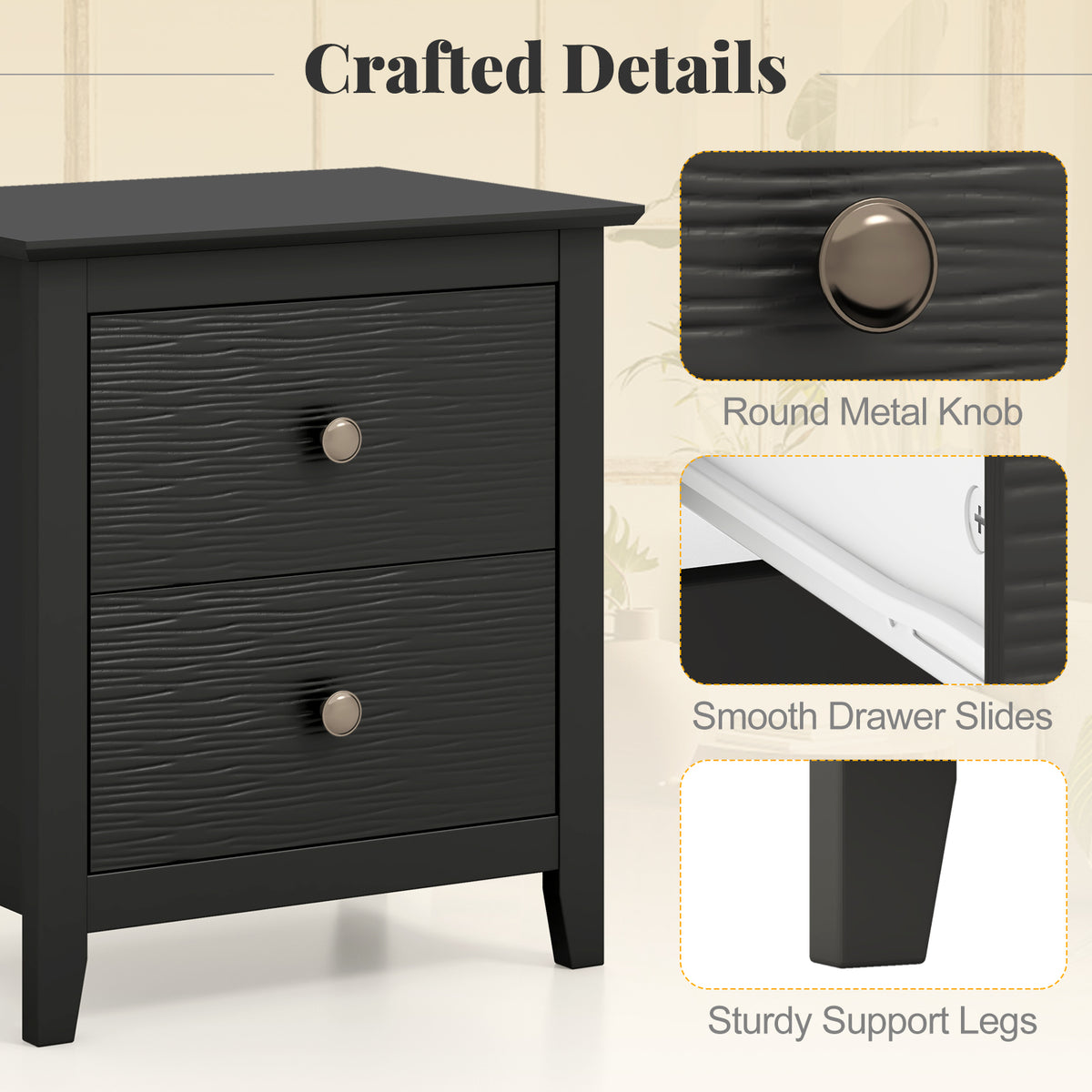 Black Nightstand with 2 Drawers - Small Space