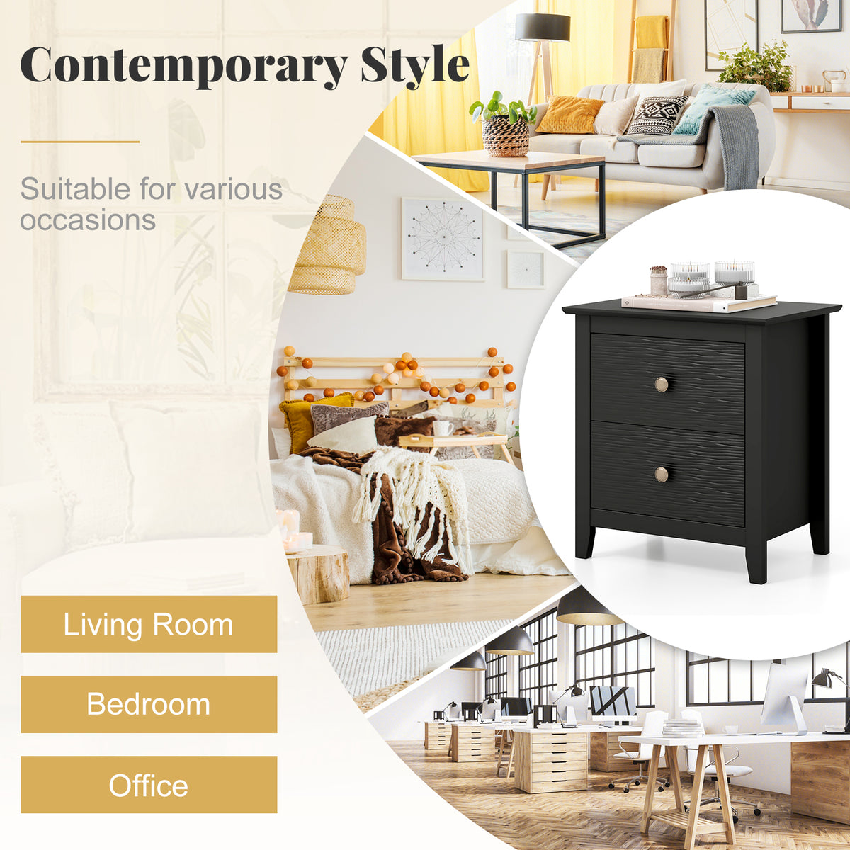 Black Nightstand with 2 Drawers - Small Space