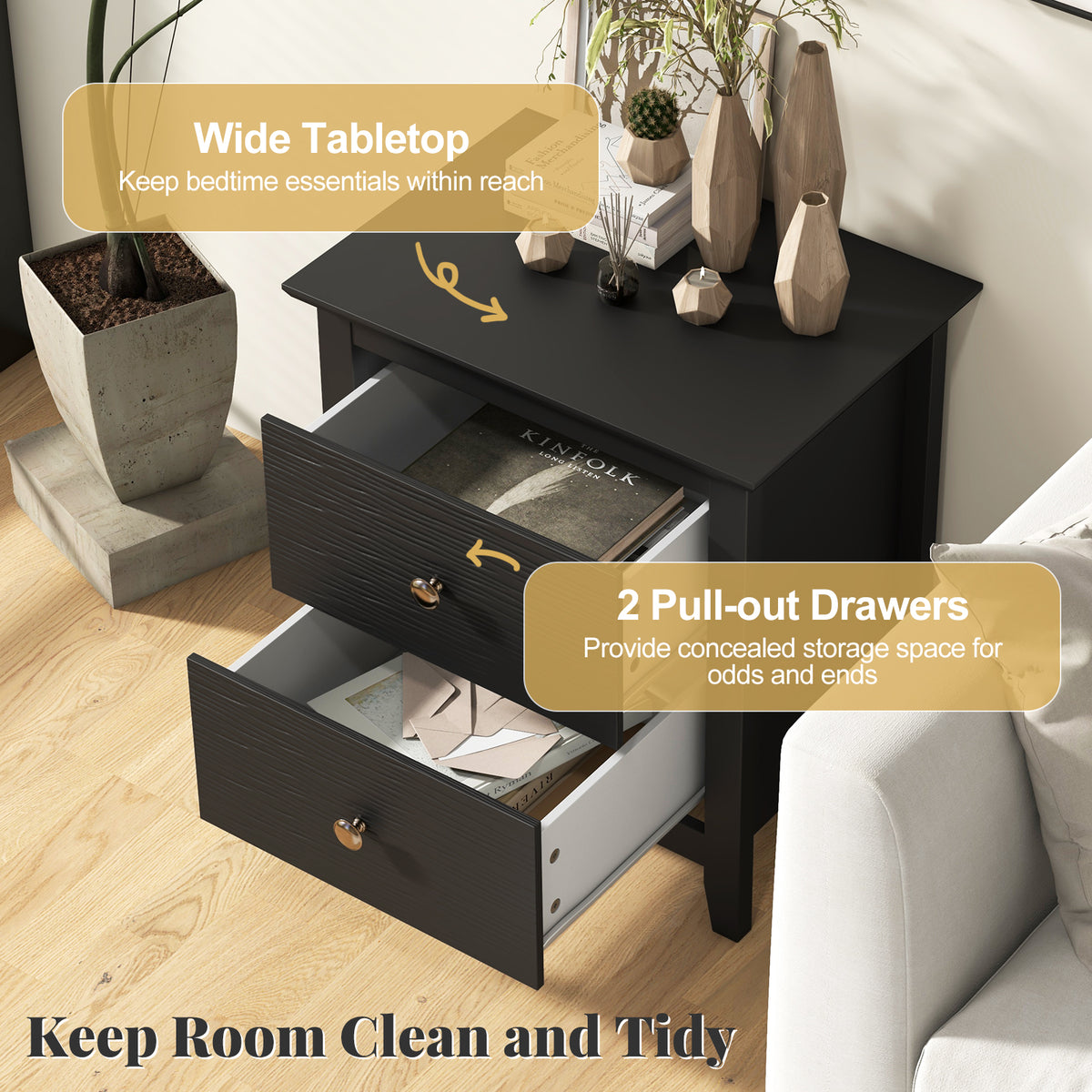 Black Nightstand with 2 Drawers - Small Space
