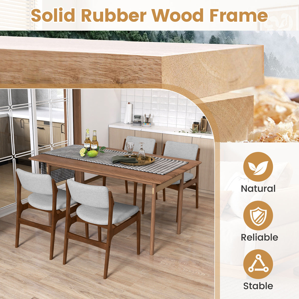 Padded Dining Chairs with Rubber Wood Legs Set of 2 - Brown