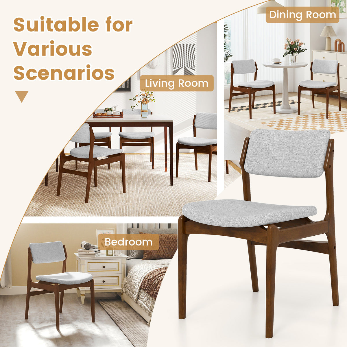 Padded Dining Chairs with Rubber Wood Legs Set of 2 - Brown