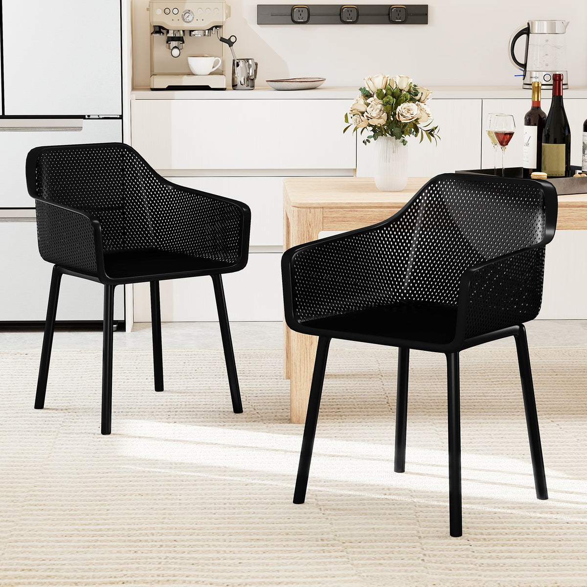 Modern Dining Chairs Set of 2 with Mesh Backrest – Black