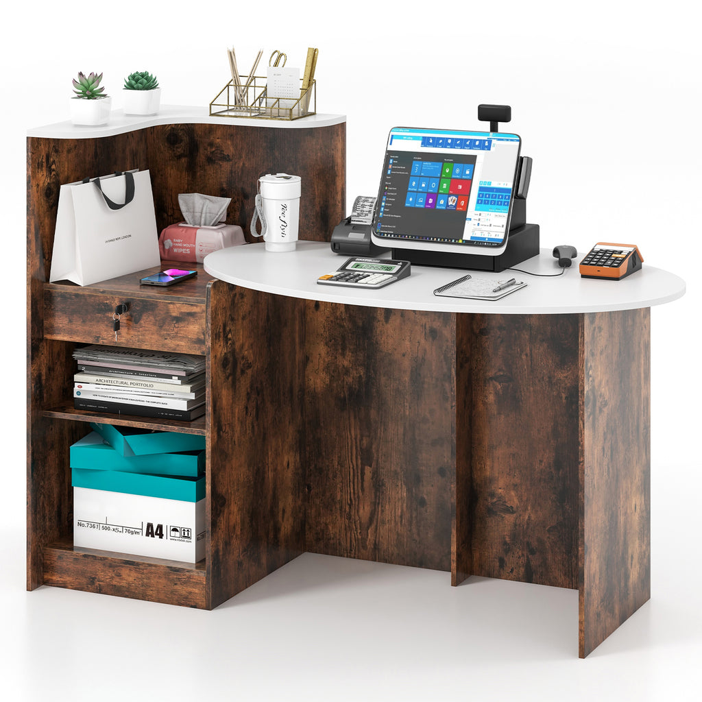 Reception Desk with Oval Tabletop - Rustic Brown, L