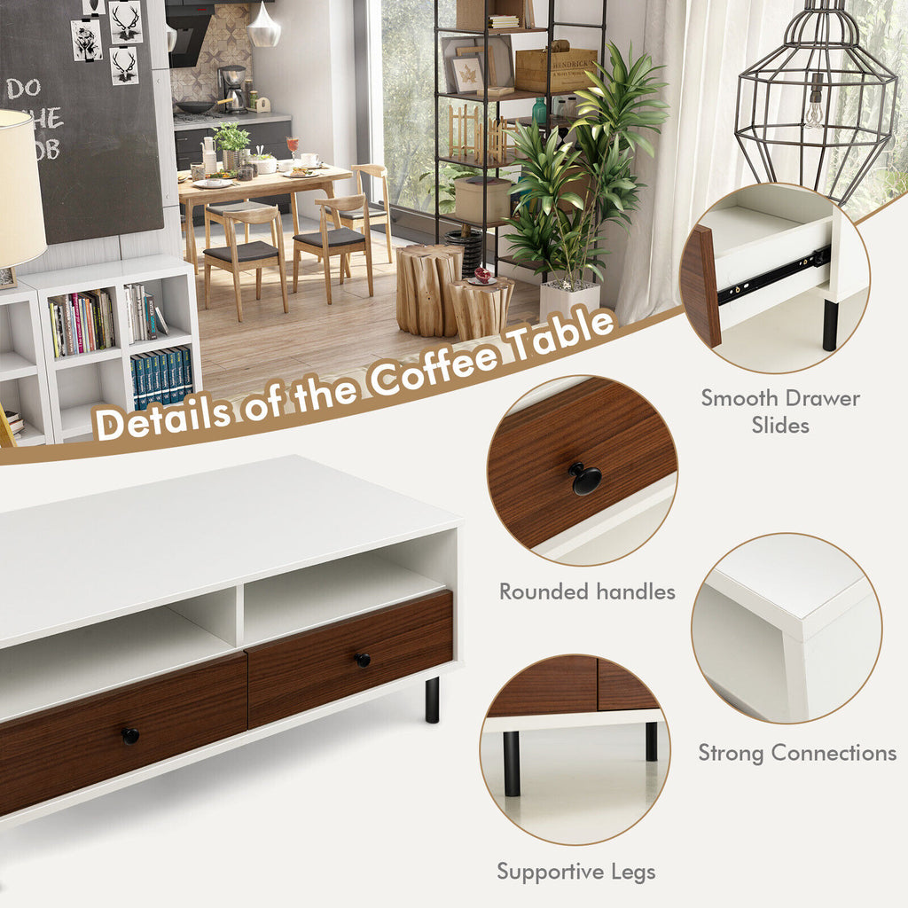 Modern Rectangle Coffee Table with Storage Shelves and Drawers - White