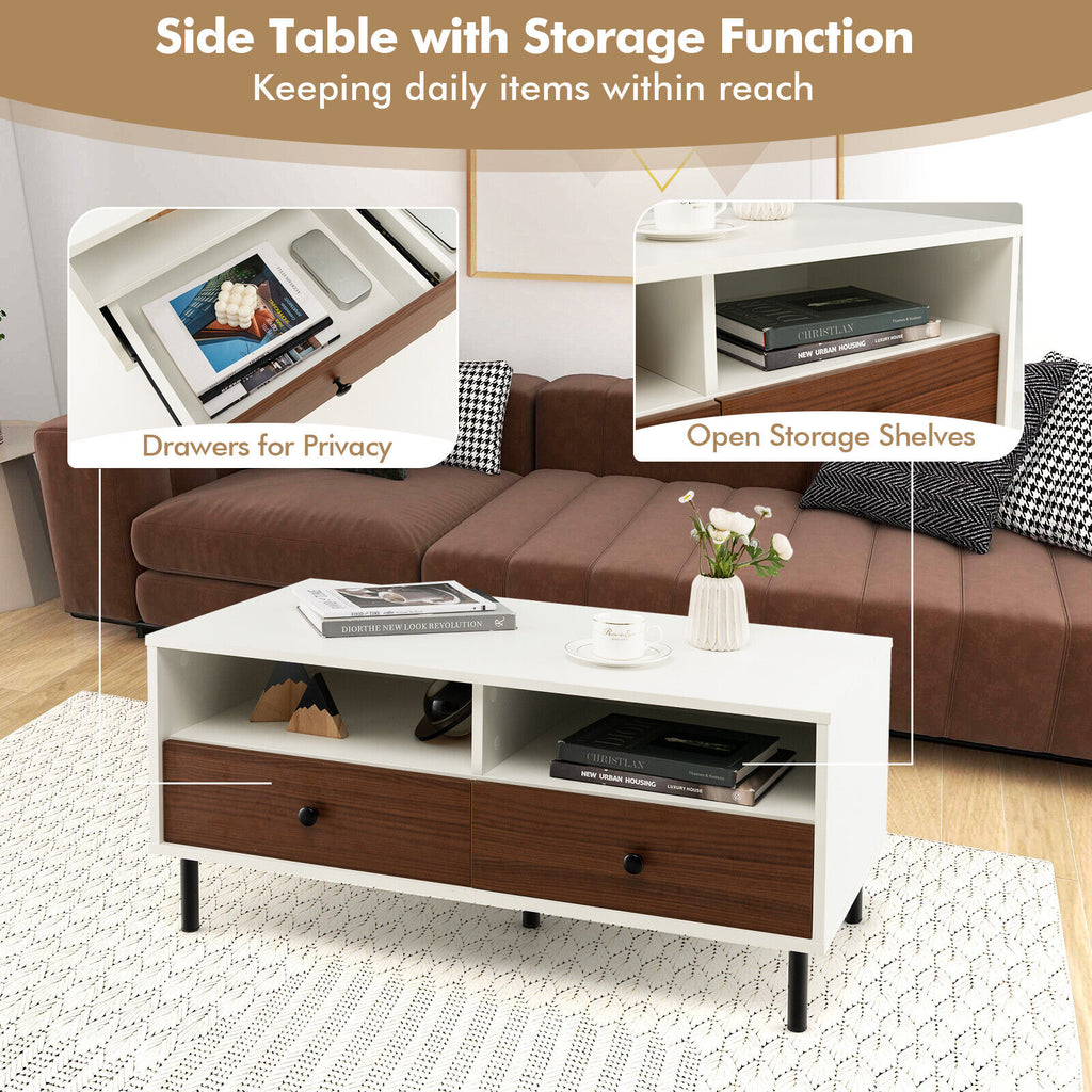 Modern Rectangle Coffee Table with Storage Shelves and Drawers - White