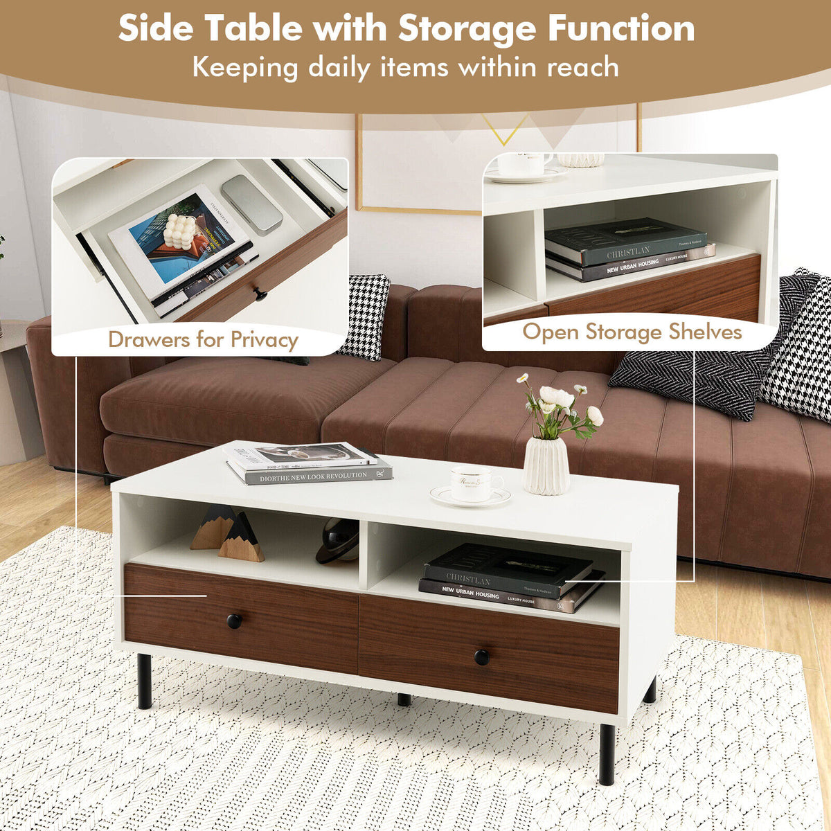 Modern Rectangle Coffee Table with Storage Shelves and Drawers - White