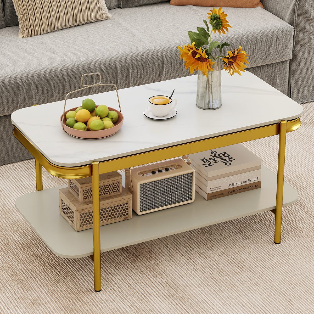 2-Tier Modern Coffee Table with Sintered Stone Top - White