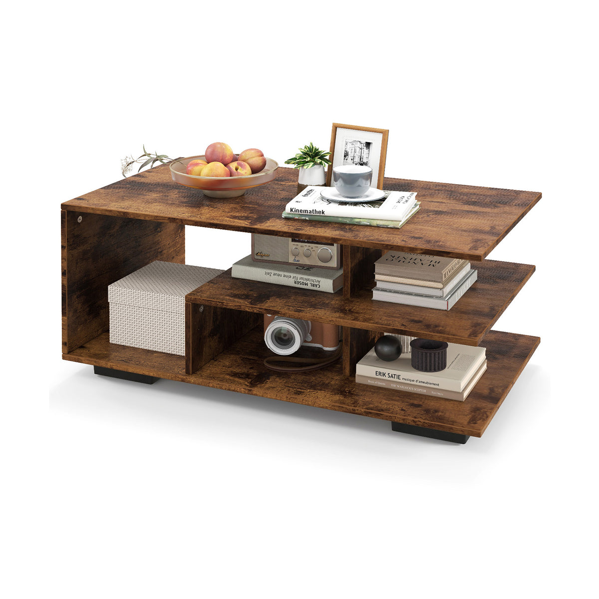 Rectangular Coffee Table with L-Shaped Shelf - White
