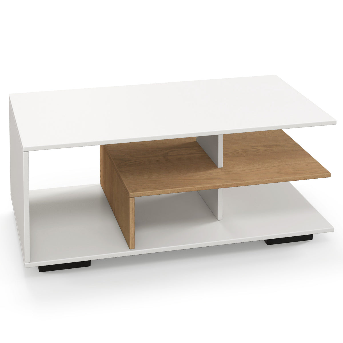 Rectangular Coffee Table with L-Shaped Shelf - White