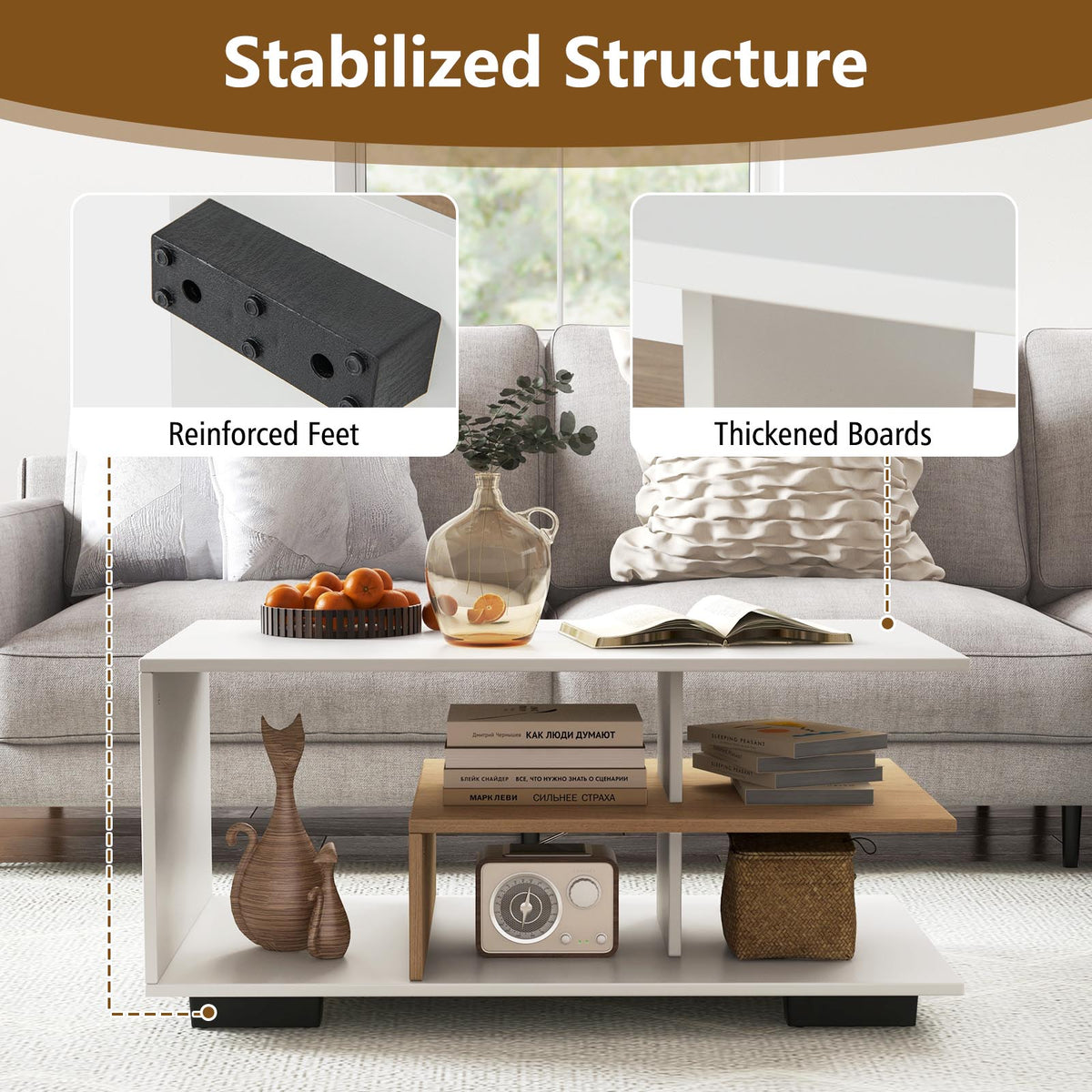 Rectangular Coffee Table with L-Shaped Shelf - White