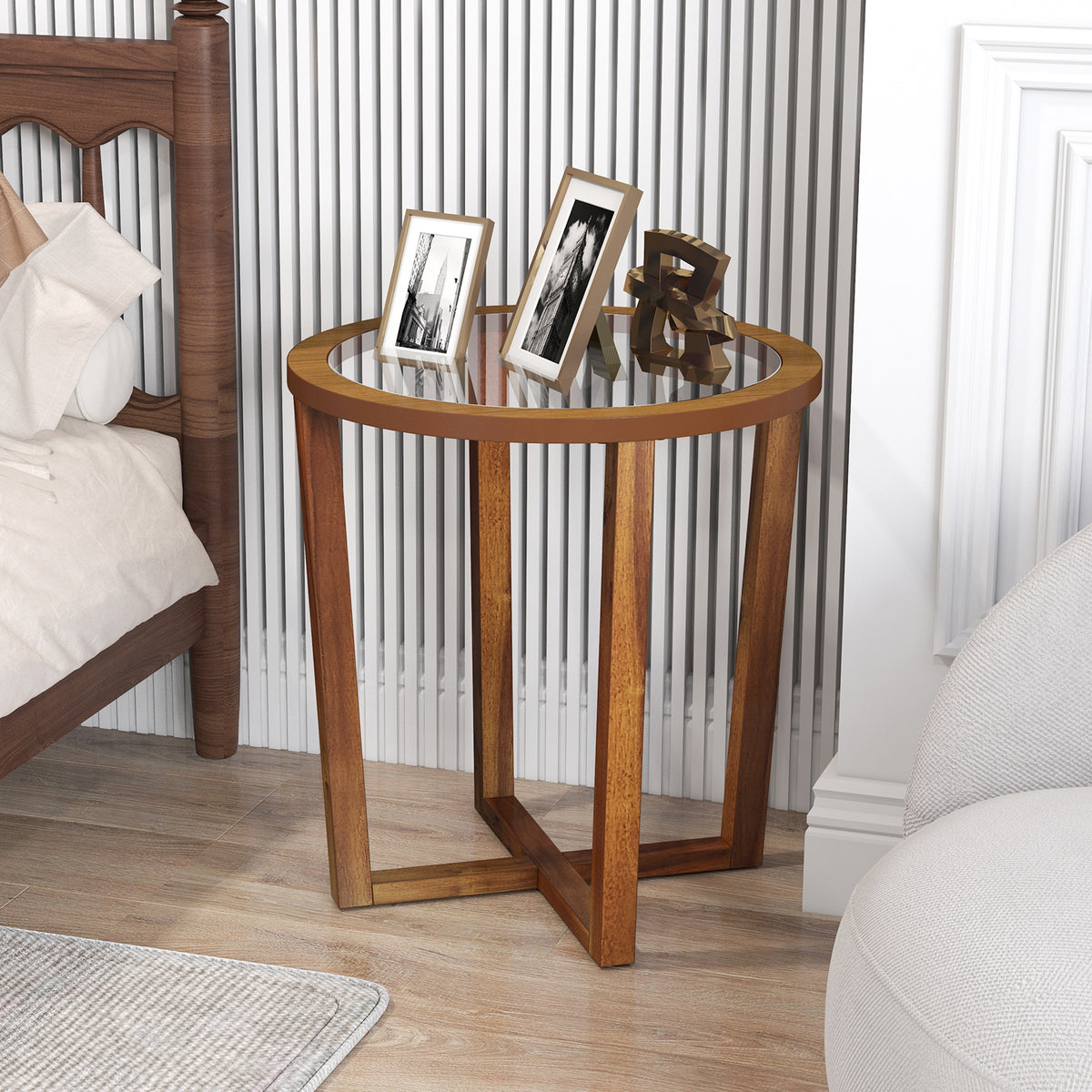 Round End Table with Tempered Glass Top - Brown