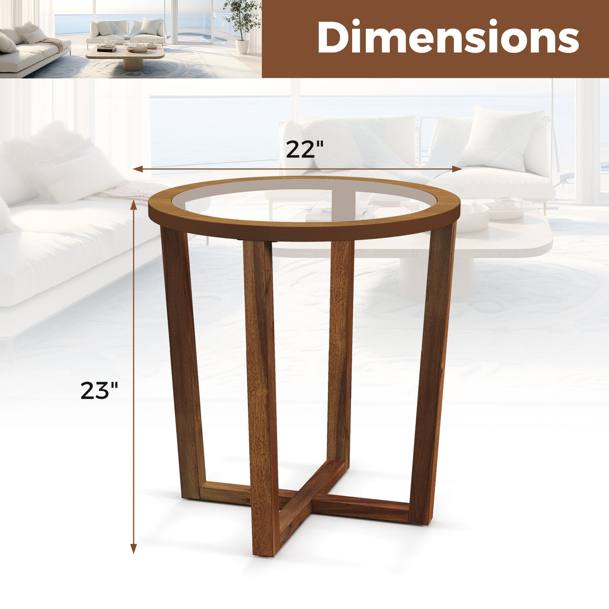 Round End Table with Tempered Glass Top - Brown