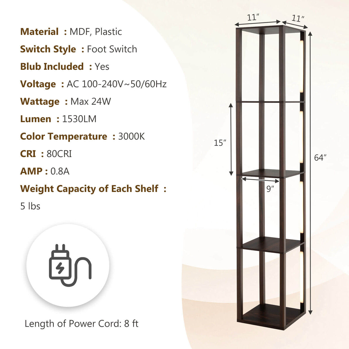 Walnut 64 Inch Floor Lamp with 3-Level Dimmable LED Bulbs & Rotatable Poles