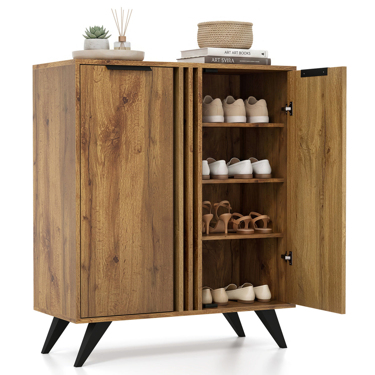 Narrow Shoe Cabinet with Adjustable Shelves - Oak