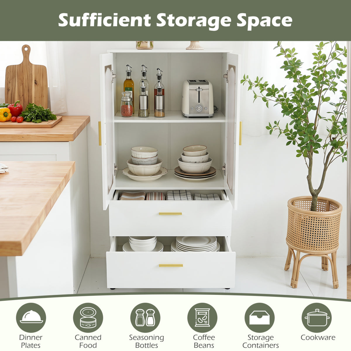 Modern Sideboard Buffet Cabinet with Fluted Doors - White