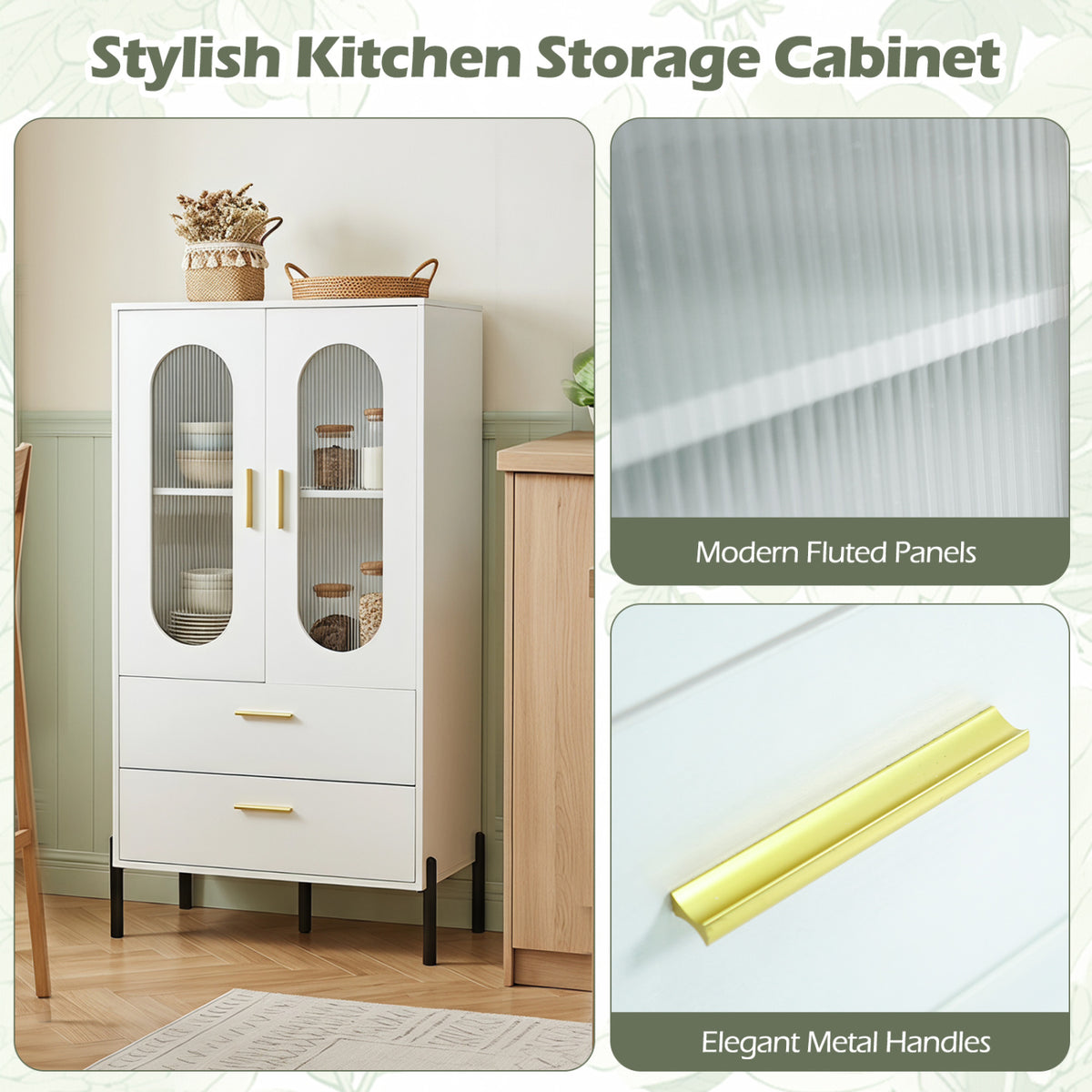 Modern Sideboard Buffet Cabinet with Fluted Doors - White