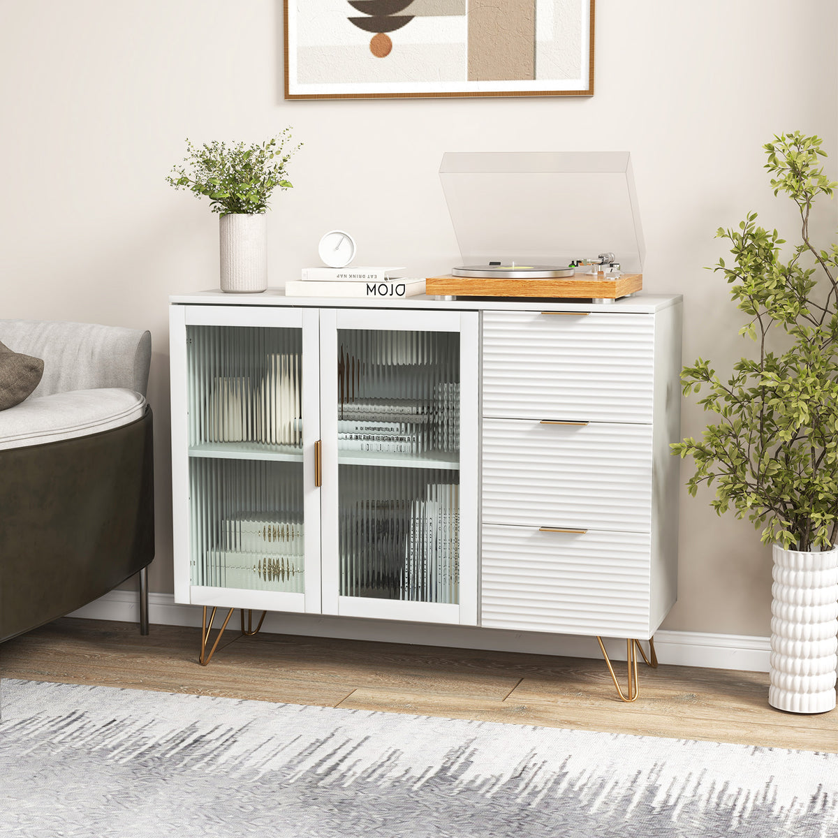 Modern Sideboard Buffet Cabinet with 2 Doors, 3 Drawers – White