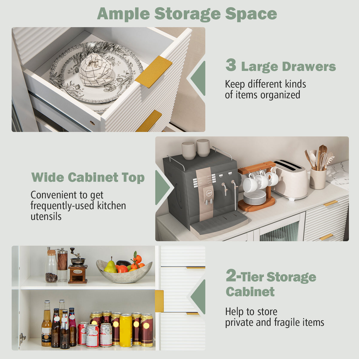 Modern Sideboard Buffet Cabinet with 2 Doors, 3 Drawers – White