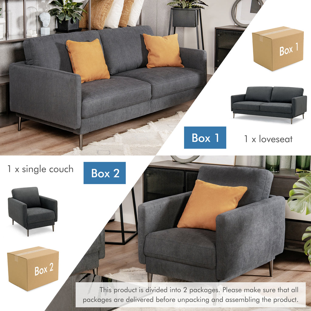 Gray Sofa Couch with Metal Legs & Cushioned Backrest
