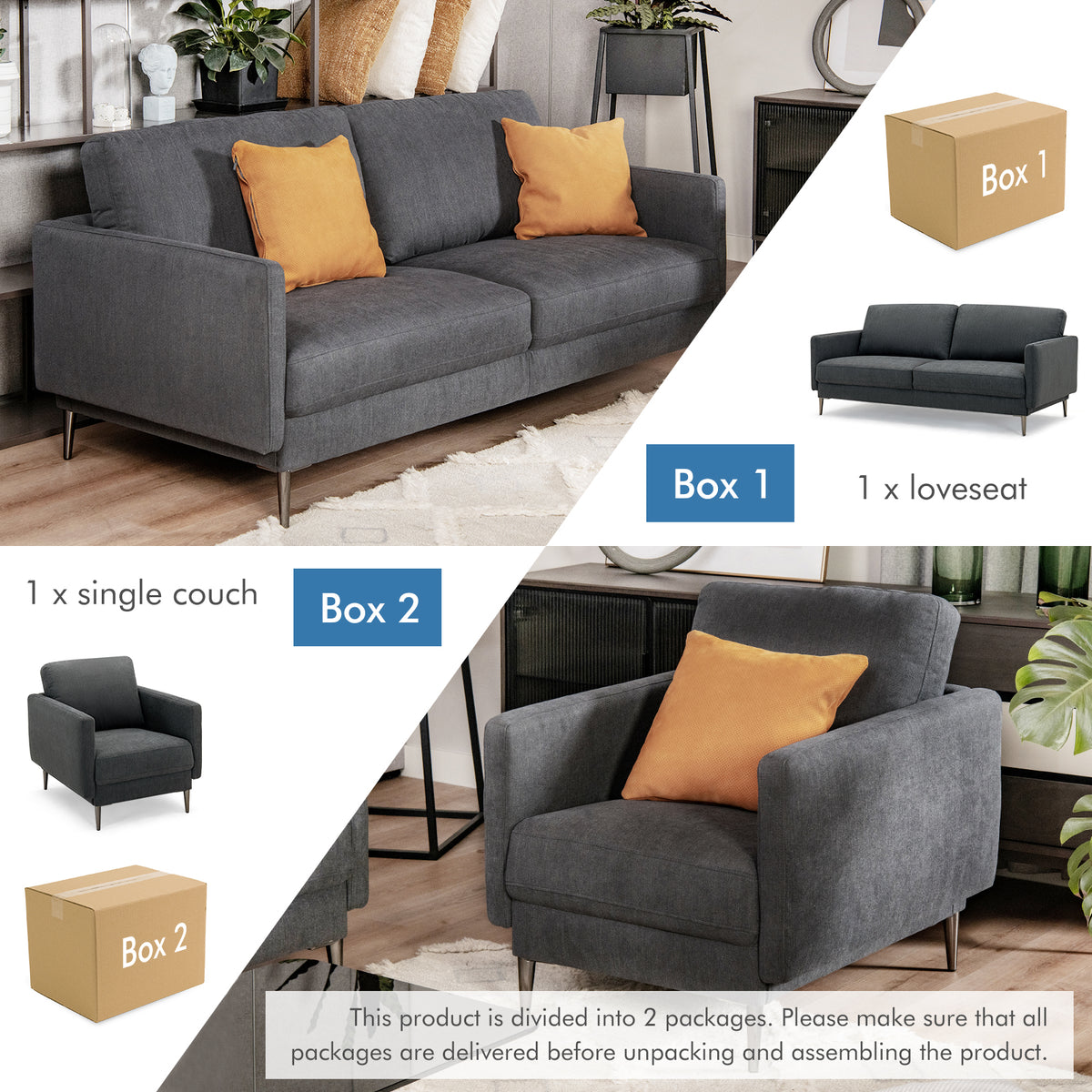 Gray Sofa Couch with Metal Legs & Cushioned Backrest