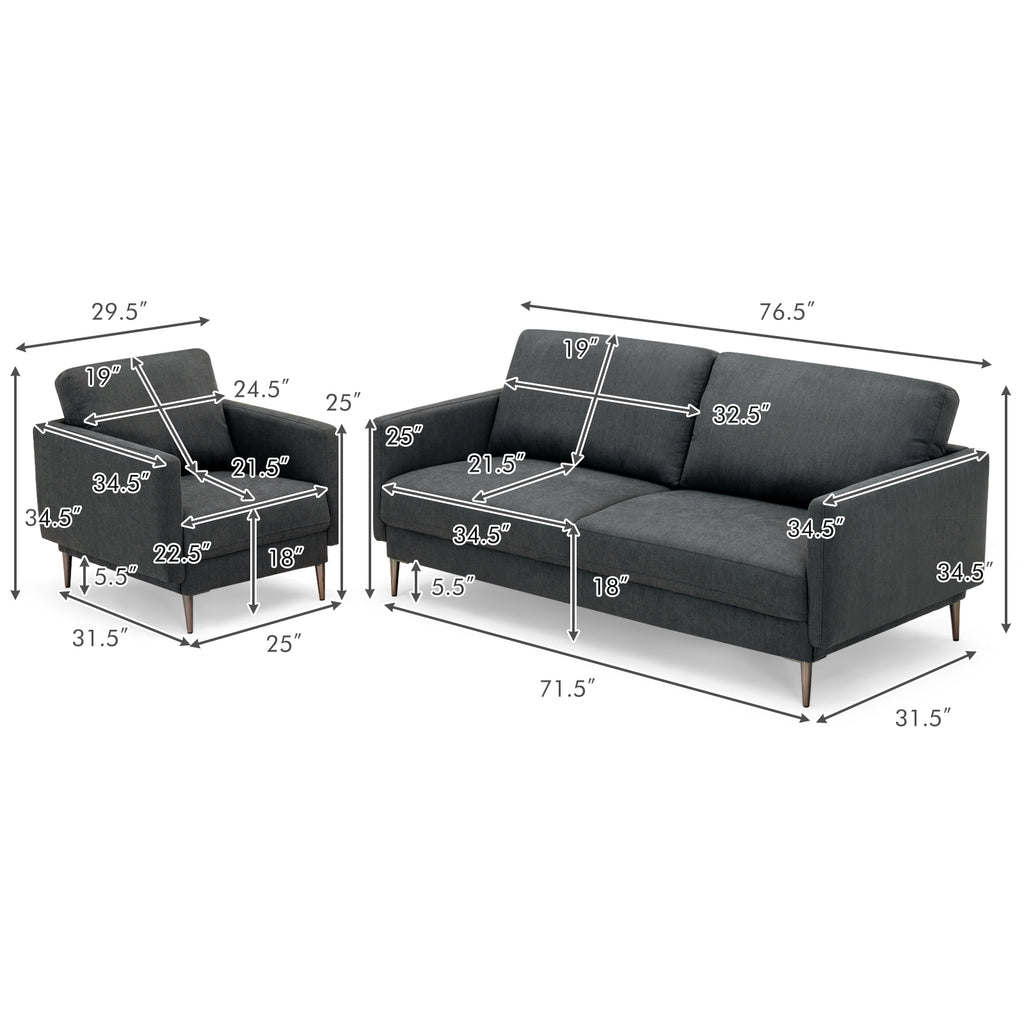 Gray Sofa Couch with Metal Legs & Cushioned Backrest
