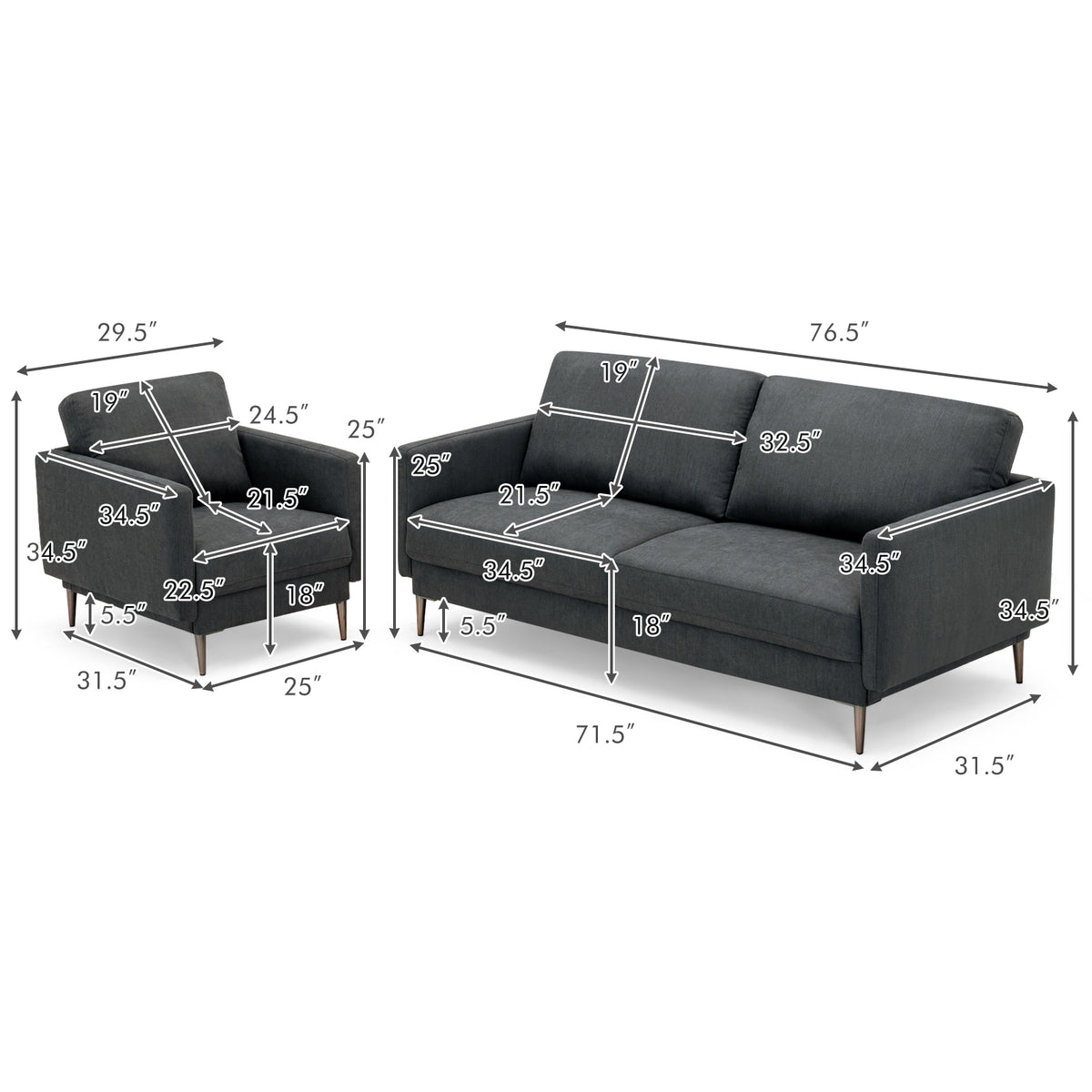 Gray Sofa Couch with Metal Legs & Cushioned Backrest