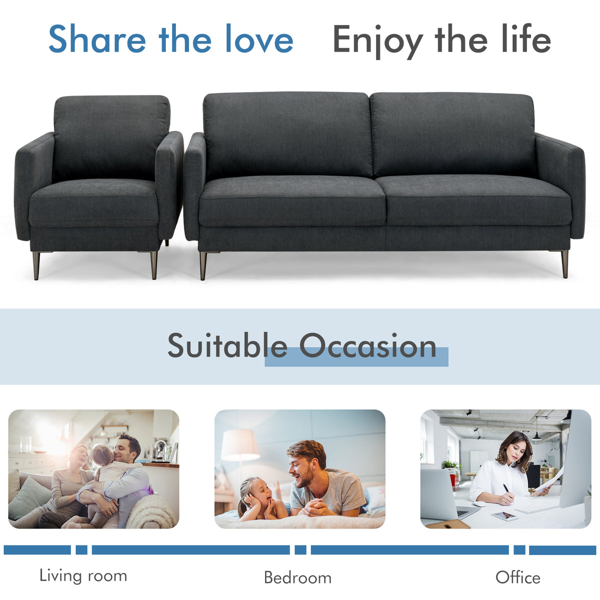 Gray Sofa Couch with Metal Legs & Cushioned Backrest