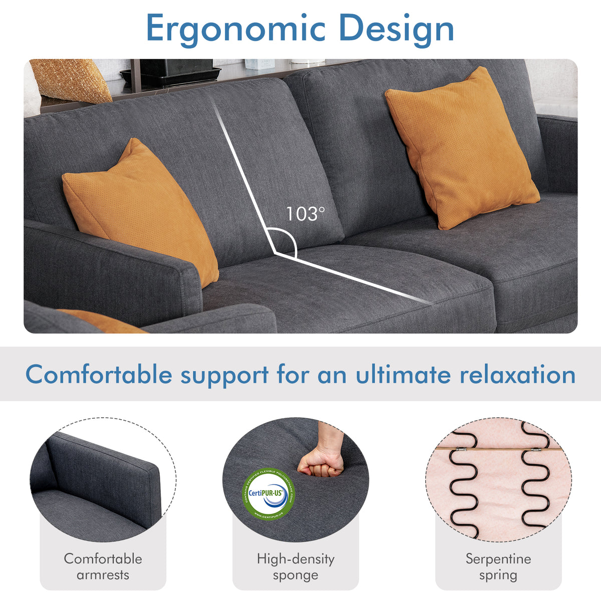 Gray Sofa Couch with Metal Legs & Cushioned Backrest
