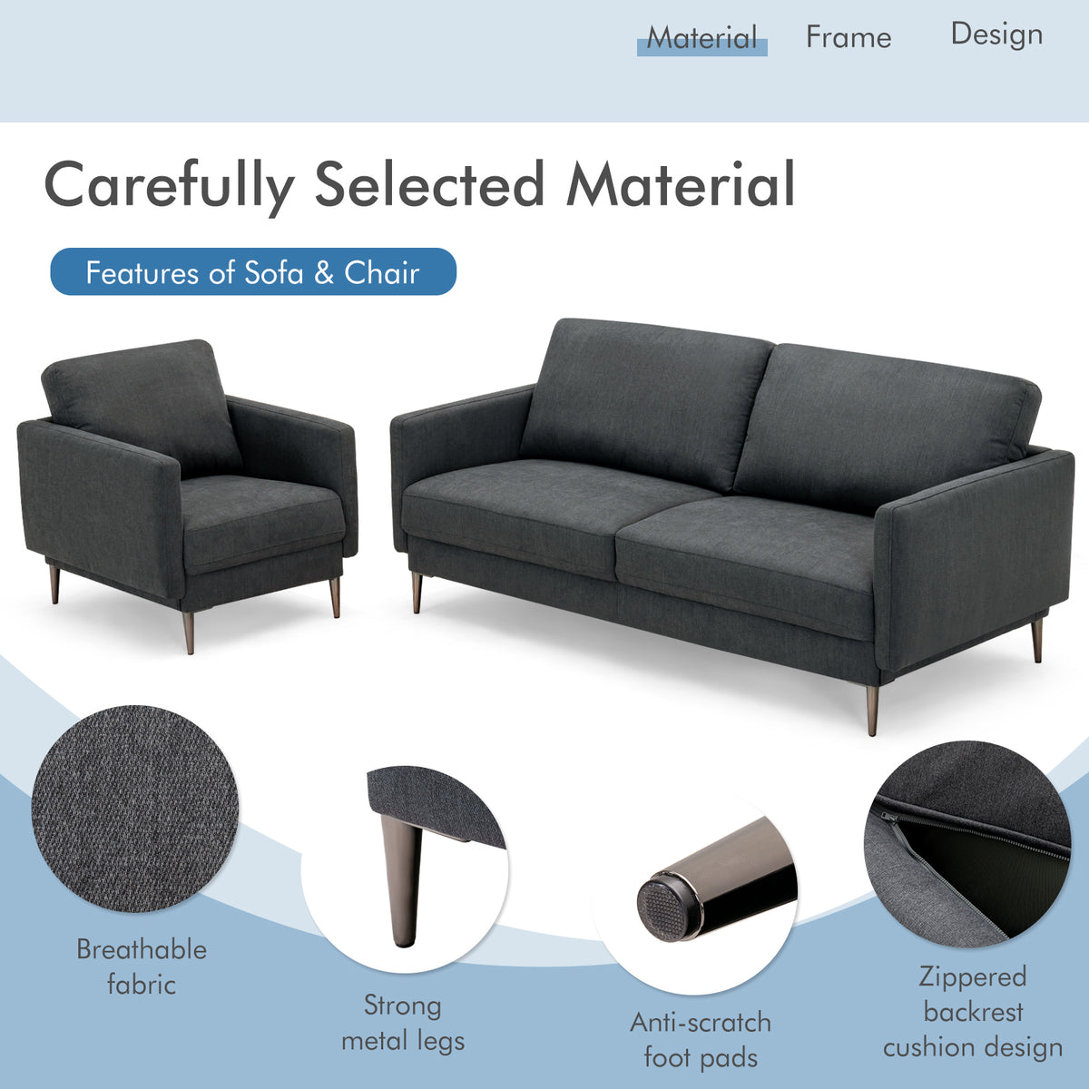 Gray Sofa Couch with Metal Legs & Cushioned Backrest