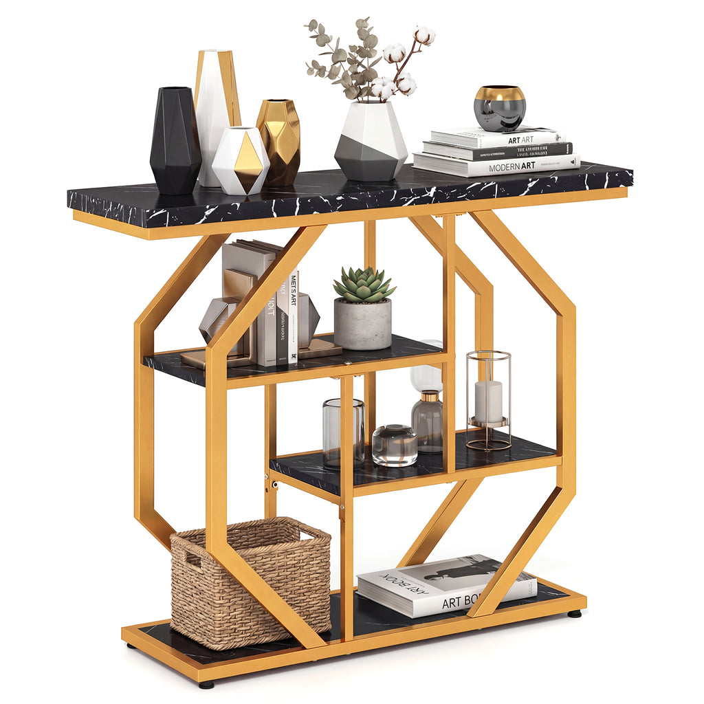 Modern Console Table with Faux Marble Tabletop, Black
