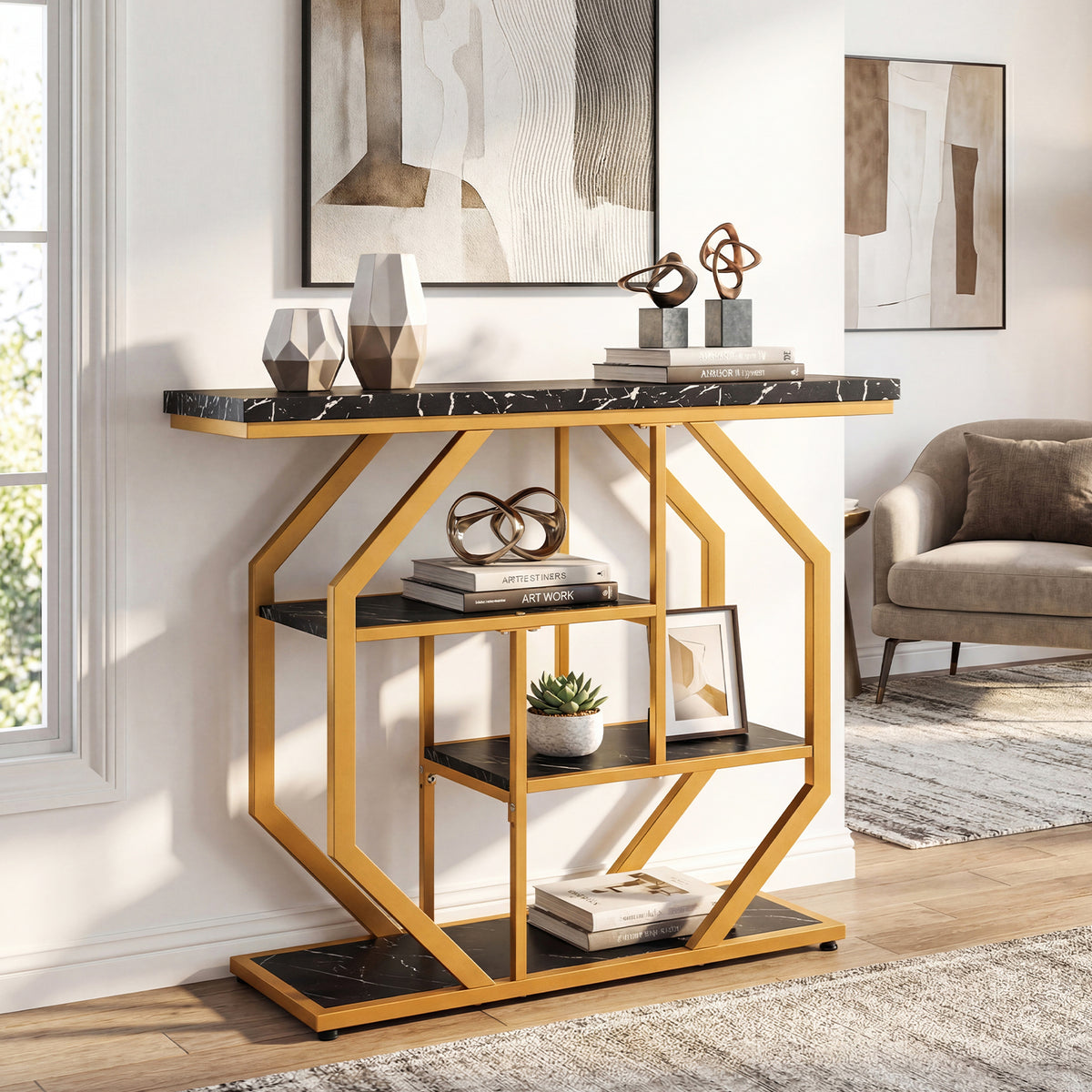 Modern Console Table with Faux Marble Tabletop, Black